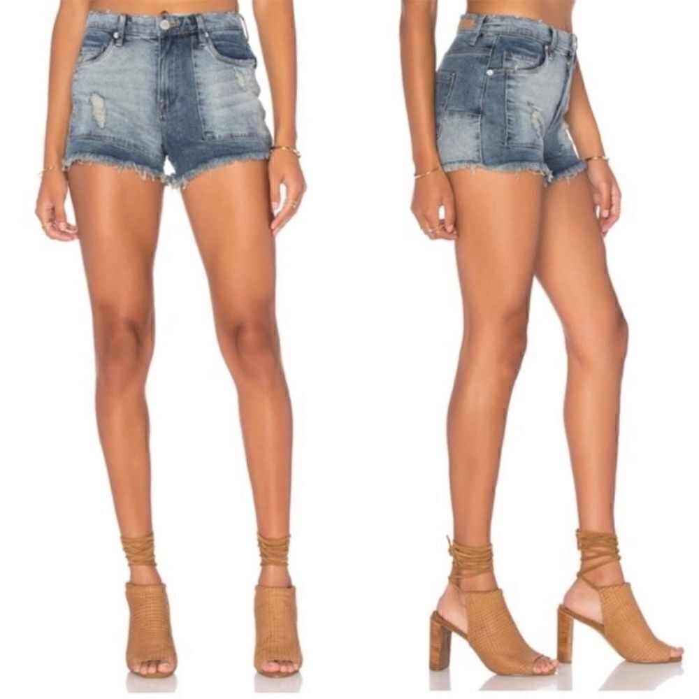 Blank NYC Two Tone Patchwork Distressed Cutoff Wedge Shorts in Rough Patch, 27